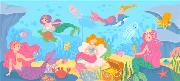 زیر آب با پری دریایی بستر دریا با شاهزاده خانم های افسانه ای و موجودات دریایی جلبک دریایی و صدف دریایی اختاپوس پس زمینه کارتونی گنج دختران افسانه ای فانتزی زیبا زندگی دریایی