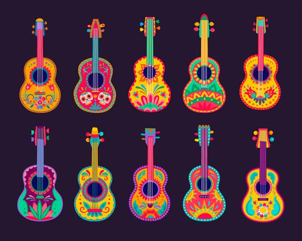 گیتارهای کارتونی مکزیکی وکتور آلات موسیقی لاتین نوازندگان ماریاچی با طرح‌های گل روشن جمجمه‌های کالورا و تزئینات قومی مکزیکی جشن جشن سینکو د مایو
