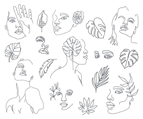 مجموعه ای از چهره های زن یک خطی انتزاعی مد روز با برگ های هیولا
