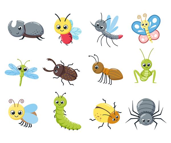 مجموعه ای از حشرات زیبا حشرات خنده دار کاترپیلار مگس زنبور عسل عنکبوت پشه تصویر برداری کارتونی