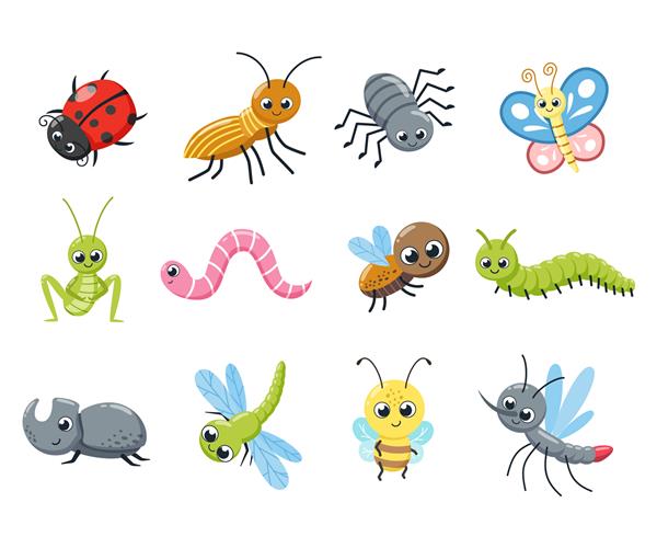 مجموعه ای از حشرات زیبا حشرات خنده دار کاترپیلار مگس زنبور کفشدوزک عنکبوت پشه تصویر برداری کارتونی