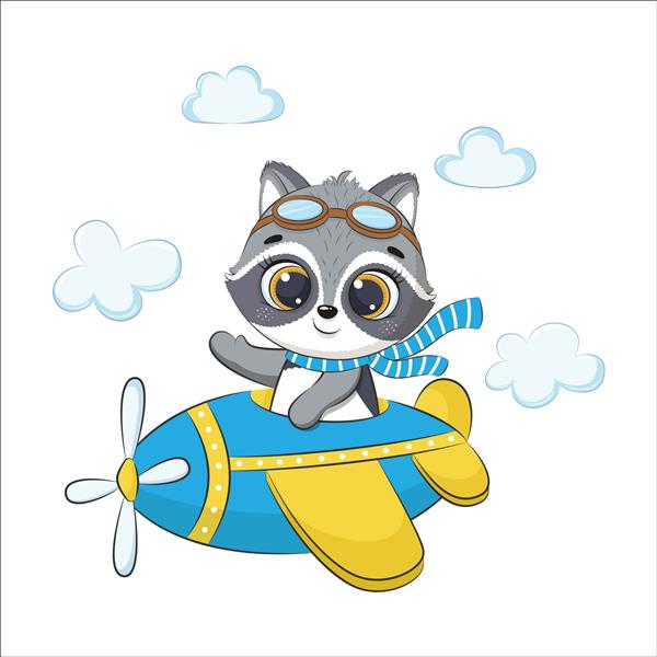 بچه راکون ناز در هواپیما در حال پرواز است تصویر برداری کارتونی