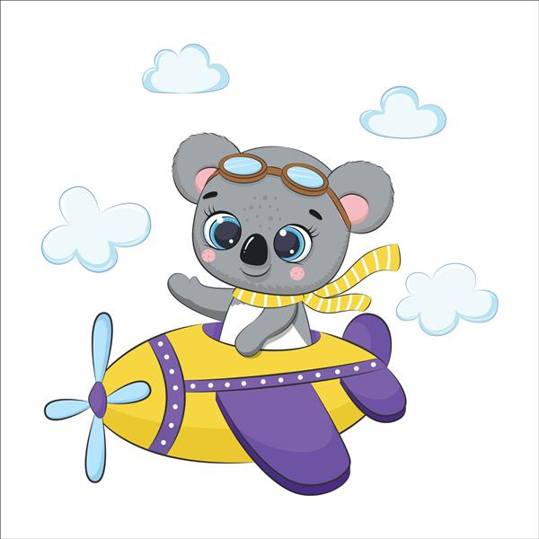 بچه کوالای ناز در حال پرواز در هواپیما تصویر برداری کارتونی