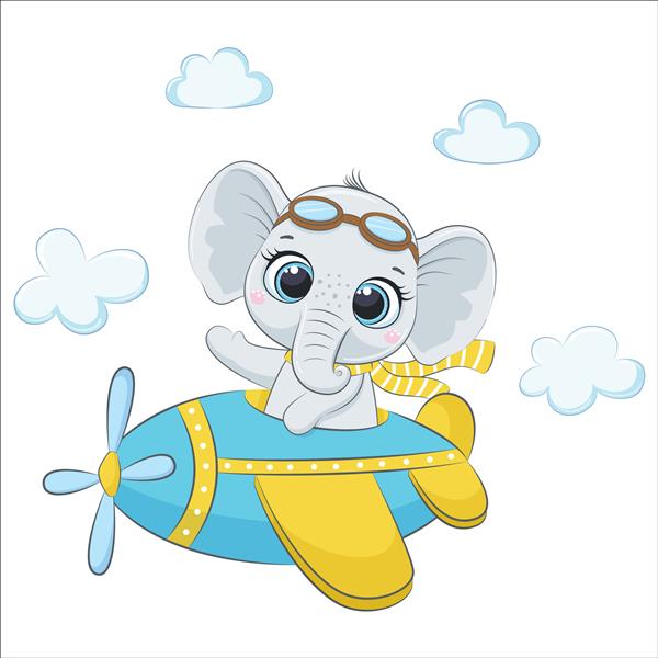 بچه فیل ناز در هواپیما در حال پرواز است تصویر برداری کارتونی