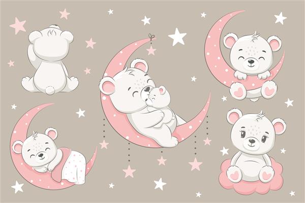 مجموعه ای از خرس های بامزه خواب روی ماه رویا دیدن و پرواز در رویا روی ابرها تصویر برداری کارتونی