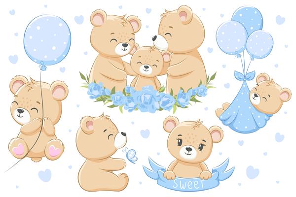 مجموعه ای از خرس های خانوادگی زیبا برای پسران گل بادکنک و قلب تصویر برداری کارتونی