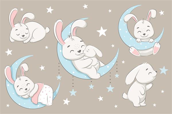 مجموعه ای از خرگوش های بامزه که روی ماه می خوابند رویا می بینند و در رویا روی ابرها پرواز می کنند تصویر برداری از یک کارتون