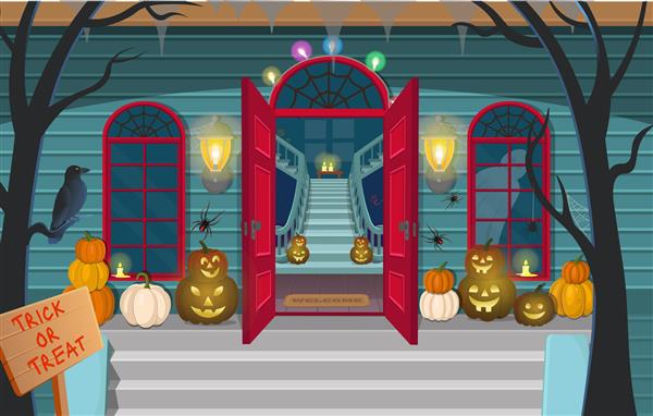 خانه ترسناک با پله ارواح درها کدو تنبل هالووین آرتون تصاویر وکتور تزئینات
