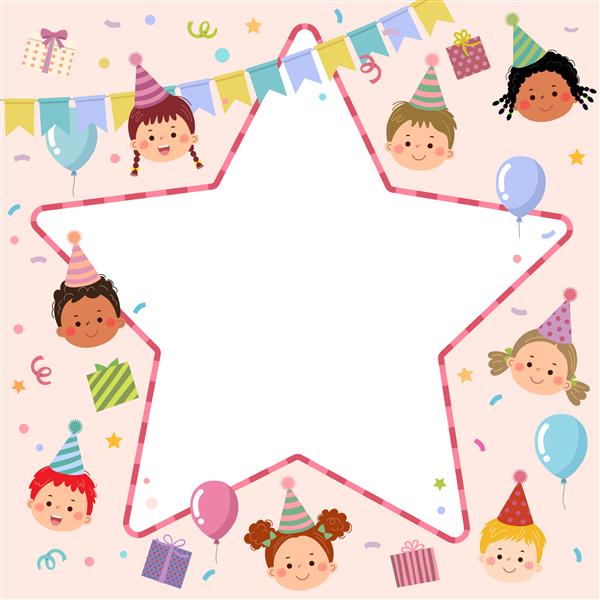 کارتون بچه های ناز با حاشیه ستاره ای شکل برای دعوت یا قالب کارت جشن تولد