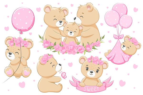 مجموعه ای از خانواده خرس های زیبا برای دختران گل بادکنک و قلب تصویر برداری کارتونی