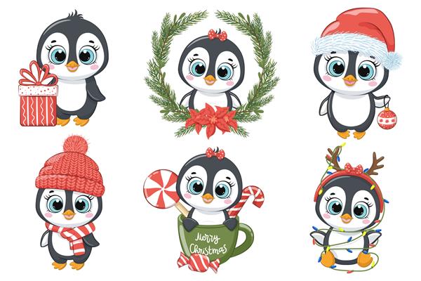 مجموعه ای از پنگوئن های زیبا برای سال جدید و برای کریسمس تصویر برداری از یک کارتون