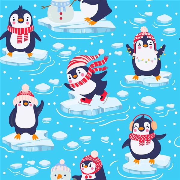 الگوی بدون درز پنگوئن ها پنگوئن‌های بامزه در لباس‌ها و کلاه‌های زمستانی حیوانات قطبی کریسمس پارچه‌های بچه‌ها یا بافت وکتور کاغذ دیواری شخصیت هایی که روی تکه یخ در آب سرد ایستاده اند