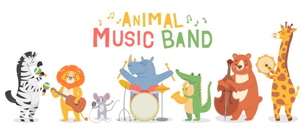 شخصیت های نوازندگان حیوانات حیوانات بامزه نواختن آلات موسیقی نوازندگان با گیتار ساکس و ماراکا مجموعه وکتور کارتونی ویولن کودکان تصویر حیوان نوازنده شخصیت با ساز