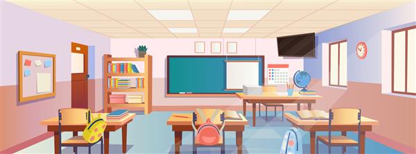 فضای داخلی کلاس کارتون با نمای روی میزهای مدرسه تخته سیاه با درب قفسه کتاب صندلی