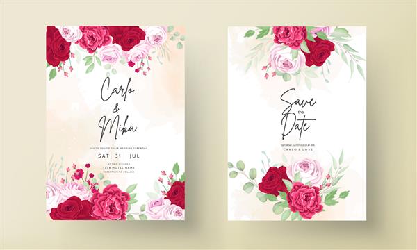 دعوتنامه عروسی با قاب گل صد تومانی عاشقانه و گل رز قرمز