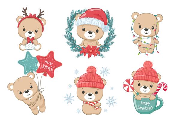 مجموعه ای از خرس های زیبا برای سال جدید و برای کریسمس تصویر برداری از یک کارتون کریسمس مبارک