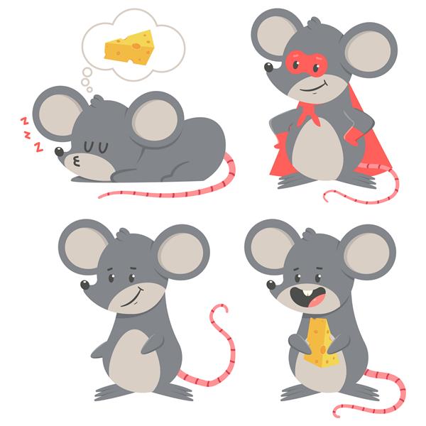 مجموعه شخصیت‌های کارتونی وکتور موش کارتونی زیبا جدا شده در پس‌زمینه سفید