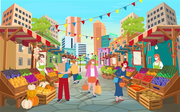 خیابان بازار مواد غذایی ارگانیک با مردم غرفه های بازار مواد غذایی با میوه و سبزیجات