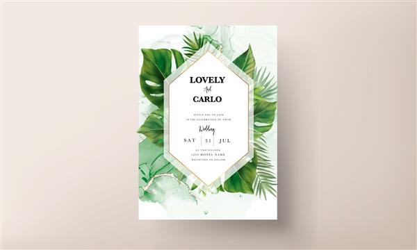 کارت دعوت عروسی شیک با آبرنگ برگ های سبز گرمسیری