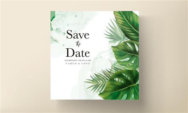 کارت دعوت عروسی شیک با آبرنگ برگ های سبز گرمسیری