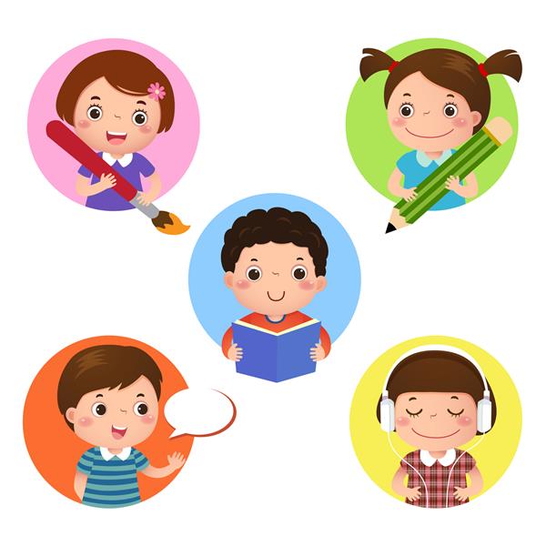مجموعه تصویری از یادگیری طلسم بچه ها نماد برای نوشتن نقاشی خواندن صحبت کردن و گوش دادن