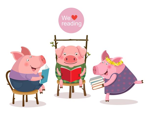 تصویر وکتور سه خوک کوچک در حال خواندن کتاب
