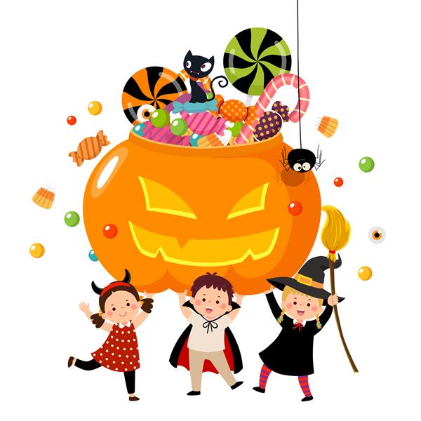 کودکان شاد با لباس های هالووین که یک کدو تنبل پر از آب نبات در دست دارند
