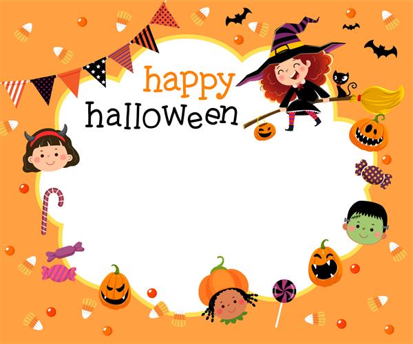 قالب بروشور تبلیغاتی با کارتون بچه های شاد و آب نبات در مفهوم هالووین