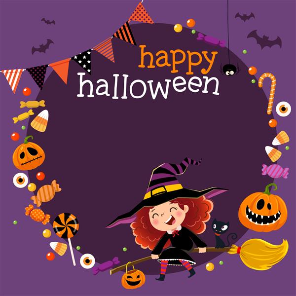 الگوی بروشور تبلیغاتی با دختر جادوگر کوچک شاد و آب نبات در مفهوم هالووین