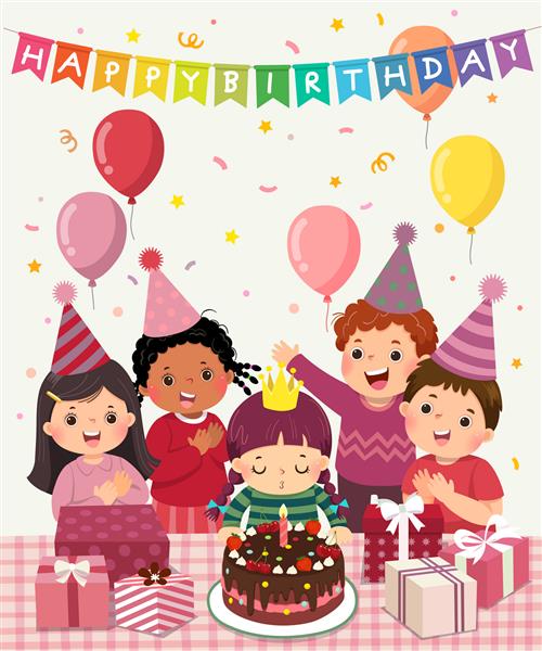 کارتون تصویری وکتور از گروه شاد کودکان در حال تفریح در جشن تولد