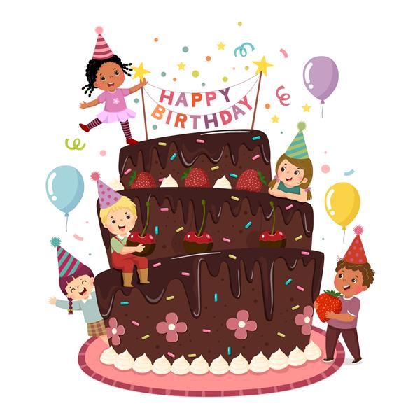 وکتور تصویر کارتونی کودکان شاد در حال تزیین کیک تولد