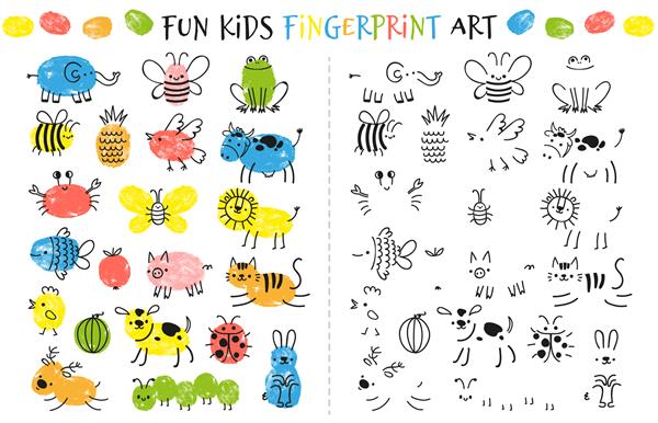 بازی اثر انگشت برای بچه ها فعالیت آموزشی سرگرم کننده برای مطالعه کودکان برای نقاشی با انگشت مجموعه وکتور نقاشی ابله حیوانات و حشرات به عنوان زنبور فیل قورباغه گاو پروانه و گربه