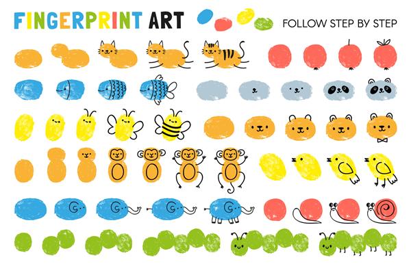 مراحل هنر اثر انگشت کاربرگ برای بچه یادگرفتن نقاشی حیوانات نقاشی با اثر انگشت فعالیت مهد کودک صفحه وکتور بازی برای کودک نقاشی گربه و سیب ماهی و زنبور پاندا میمون