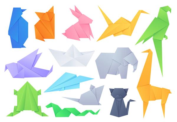 حیوانات اوریگامی اشکال هندسی تا شده برای قایق و هواپیمای کاغذی بازی ژاپنی جرثقیل پرندگان گربه فیل و خرگوش مجموعه وکتور سرگرمی کاردستی تصویر کاغذ فیل و نهنگ جرثقیل و گربه