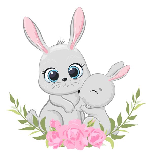 خرگوش مادر و نوزاد ناز با گل و تاج گل تصویر برداری از یک کارتون