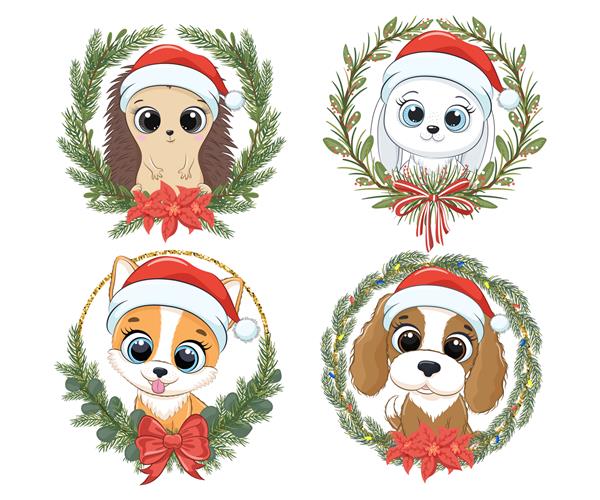 مجموعه ای از حیوانات زیبا برای سال جدید و برای کریسمس جوجه تیغی خرگوش خرگوش سگ کورگی توله سگ تصویر برداری از یک کارتون
