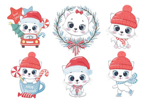 مجموعه ای از 6 بچه گربه ناز برای سال نو و کریسمس تصویر برداری از یک کارتون کریسمس مبارک
