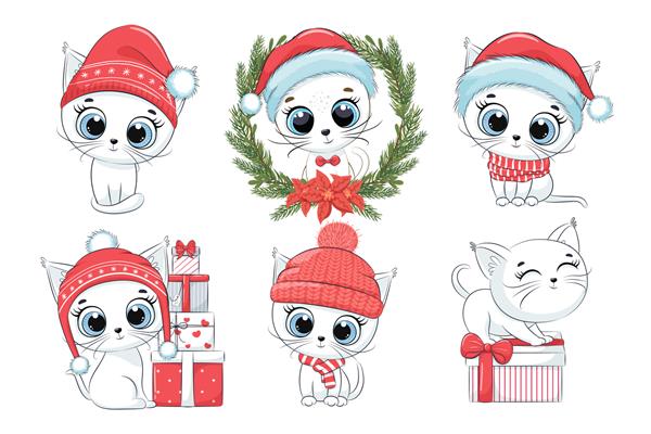 مجموعه ای از 6 بچه گربه سفید زیبا برای سال نو و کریسمس تصویر برداری از یک کارتون کریسمس مبارک