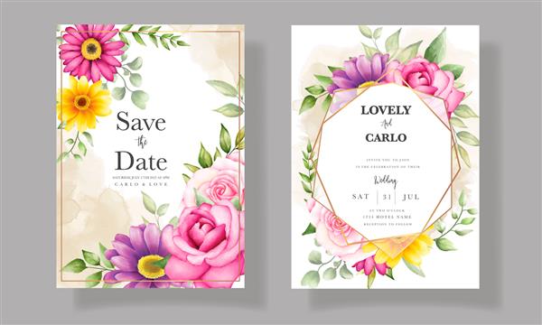 کارت دعوت عروسی با گل های آبرنگ نقاشی دستی زیبا