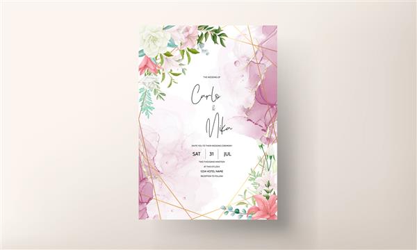 کارت دعوت عروسی شیک با طراحی دستی گل نرم و برگ