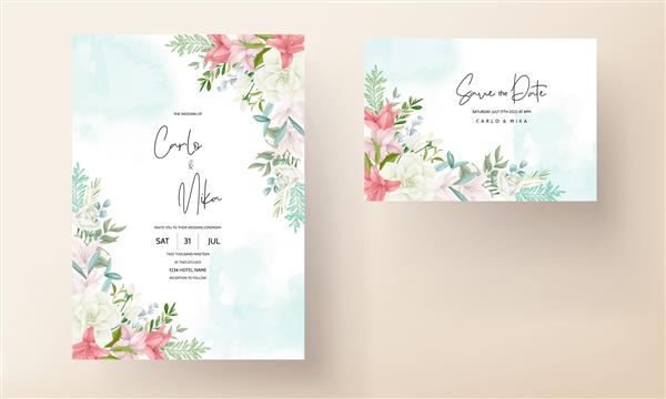 کارت دعوت عروسی شیک با طراحی دستی گل نرم و برگ