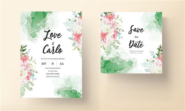 دعوت نامه عروسی شیک با طراحی دستی زیبا و گل و برگ