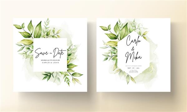 قالب کارت دعوت عروسی با برگ های سبز زیبا در پس زمینه جوهر الکل