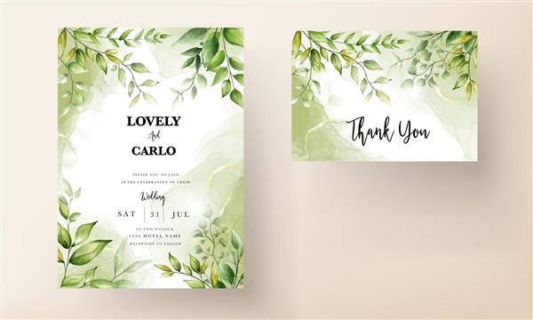 قالب کارت دعوت عروسی با برگ های سبز زیبا در پس زمینه جوهر الکل