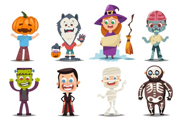 بچه‌ها با لباس‌های هالووین وکتور شخصیت‌های کارتونی جدا شده روی پس‌زمینه سفید
