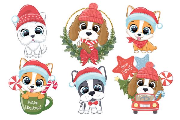مجموعه ای از 6 توله سگ زیبا برای سال جدید و کریسمس سگ از نژادهای مختلف تصویر برداری از یک کارتون کریسمس مبارک