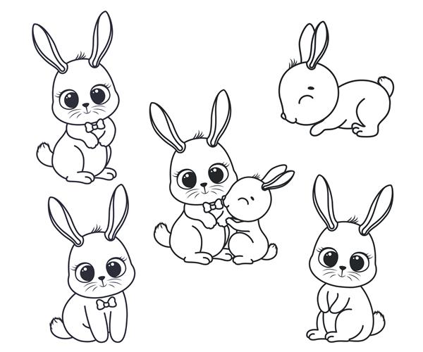 مجموعه ای از خرگوش های کارتونی زیبا تصویر برداری سیاه و سفید برای یک کتاب رنگ آمیزی ترسیم کانتور