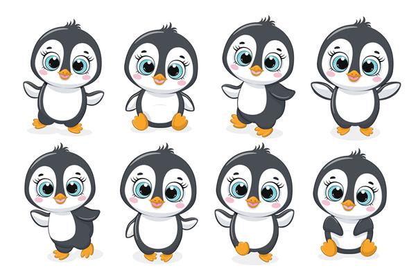 مجموعه ای از هشت پنگوئن بامزه تصویر برداری از یک کارتون