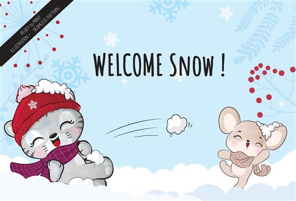 گربه ناز با موش کوچولو خوشحال روی تصویر برف - تصویر پس زمینه