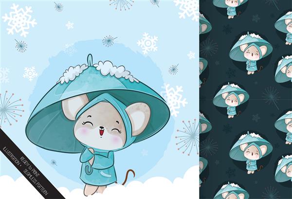موش کوچک ناز با چتر روی تصویر برف - تصویر پس زمینه